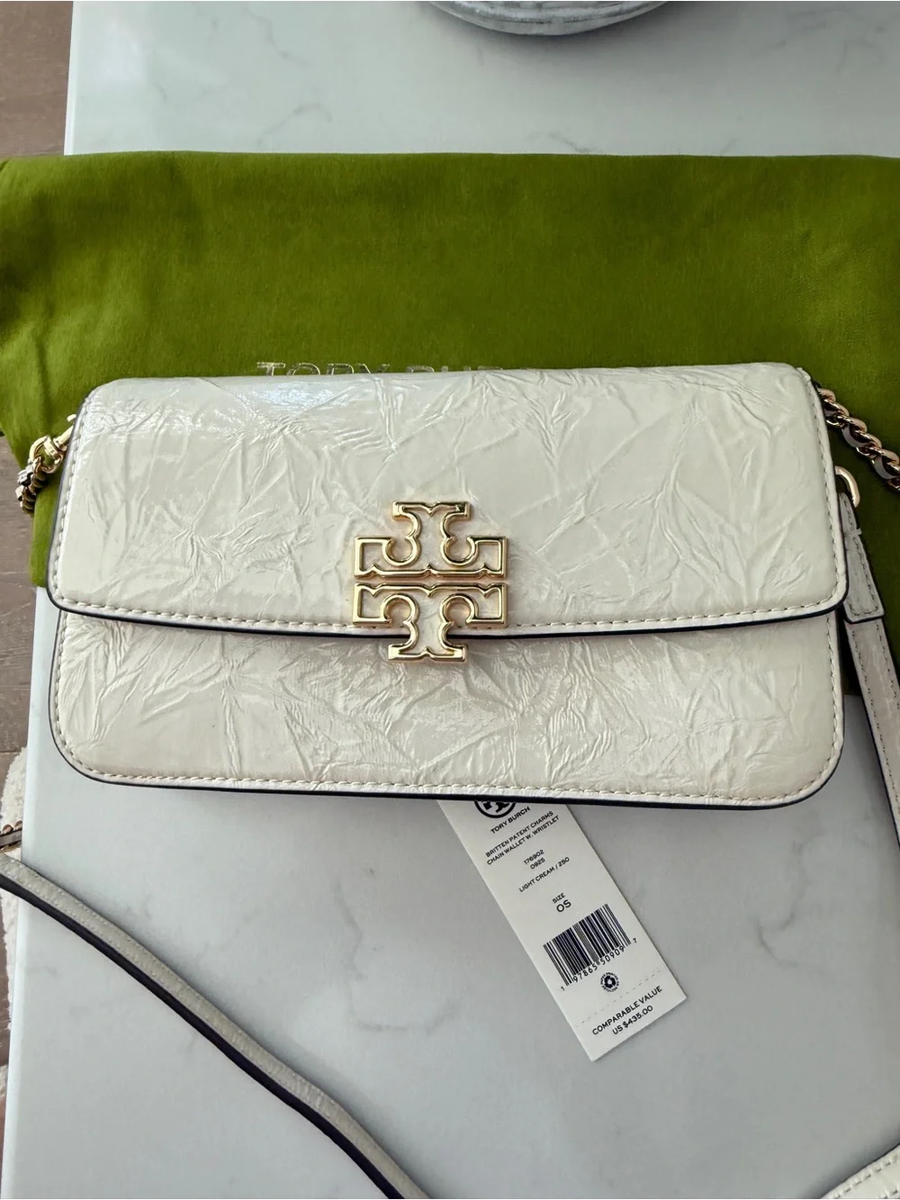 Tory Burch crinkle Cream patent leather Logo Crossbody/wristlet strap Preloved